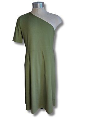 WHO WHAT WEAR One-Shoulder Knit Midi Dress Olive Green Women's Size LARGE